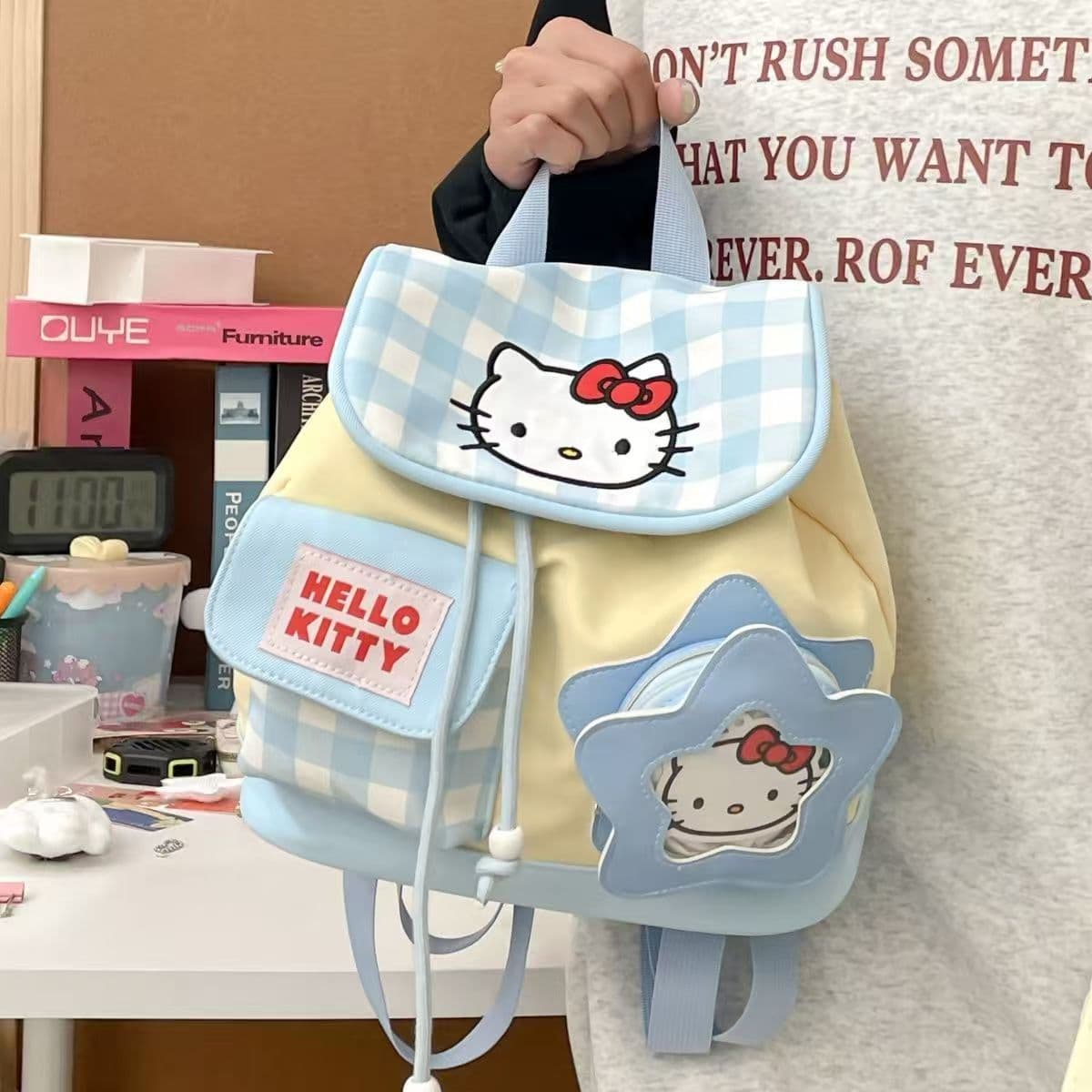 New School Backpack Cute Plaid Drawstring Mini KT Cartoon Backpack for Girls