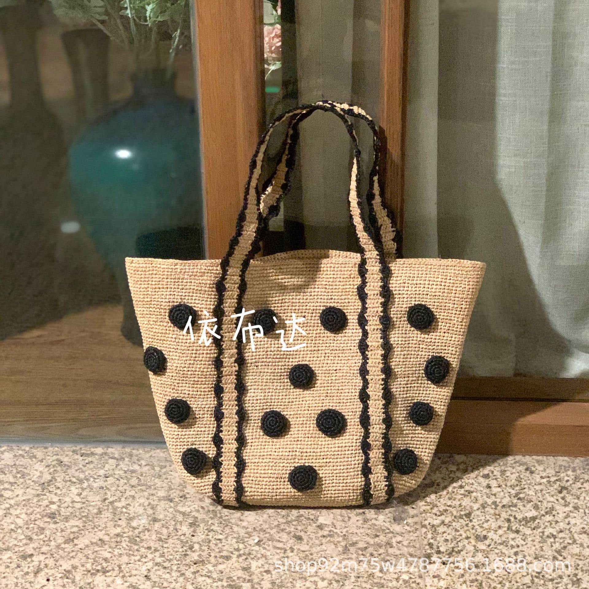 High Quality Raffia Shoulder Bag Cute Japanese Polka Dot Handbag Cross-border Black and White Contrast Lace Woven Straw Bag
