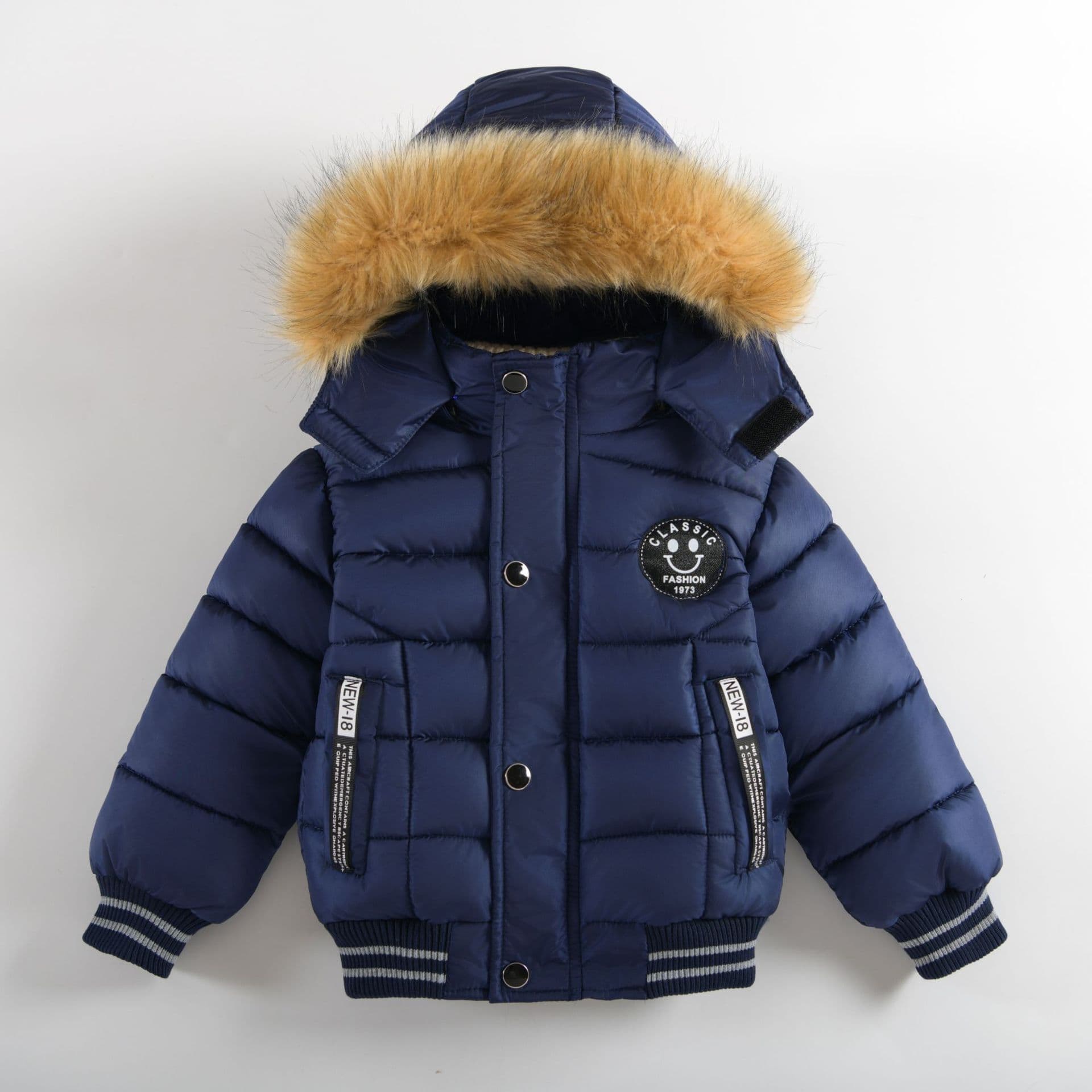 Boys Winter New Hooded Fur Collar Cotton Coat Big Kids Warm Thickened Stylish Pocket Smiley Print Jacket
