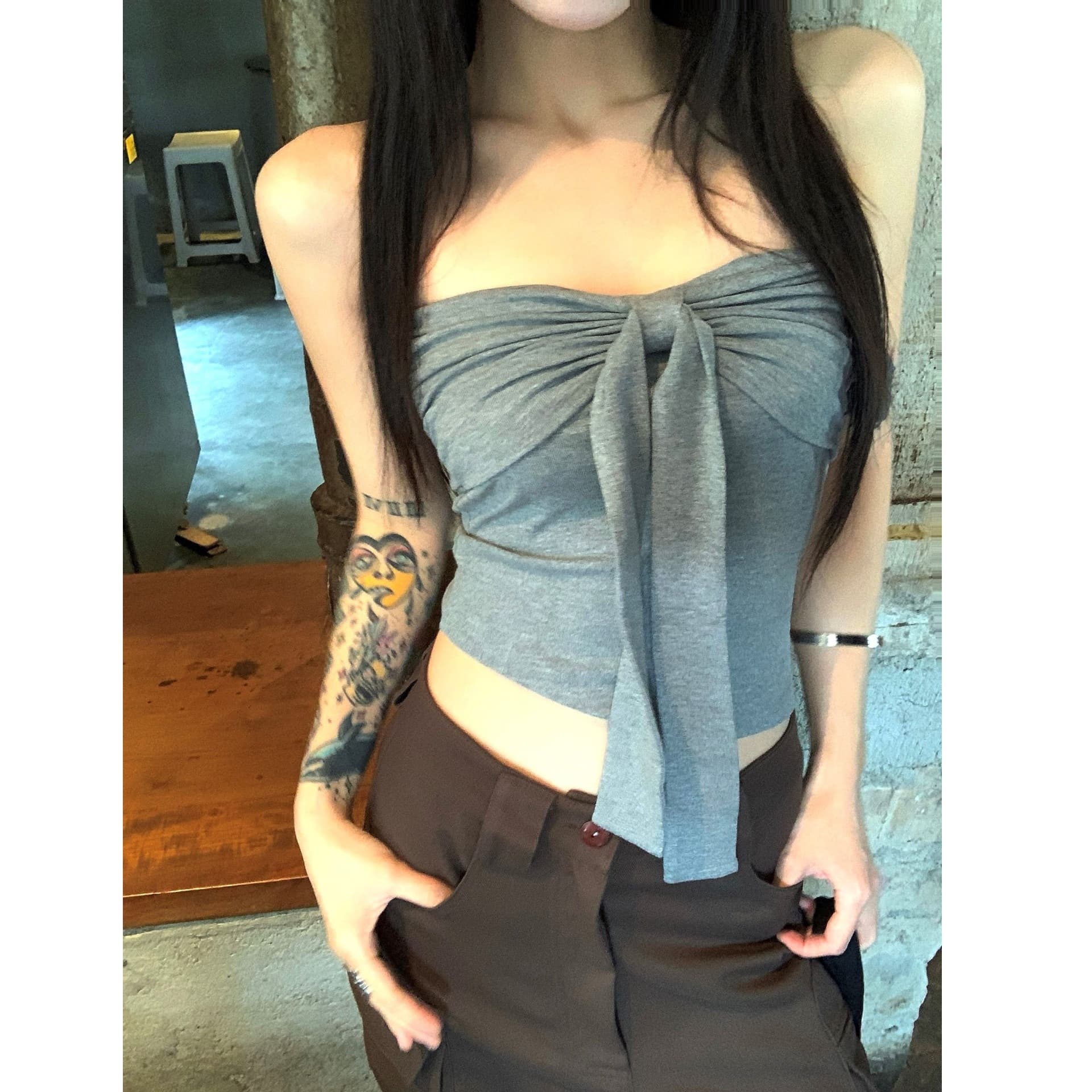 (Rayon with Padded Cups) Bow Tie Tube Top Vest for Women Summer Sexy Wrap Bustier Slim Fit Base Layer Top