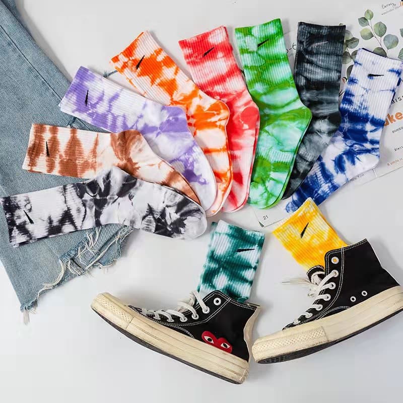 Drop shipping tie-dye socks for men and women, long cotton socks, NK hook sports high-top ins trendy socks, candy color socks
