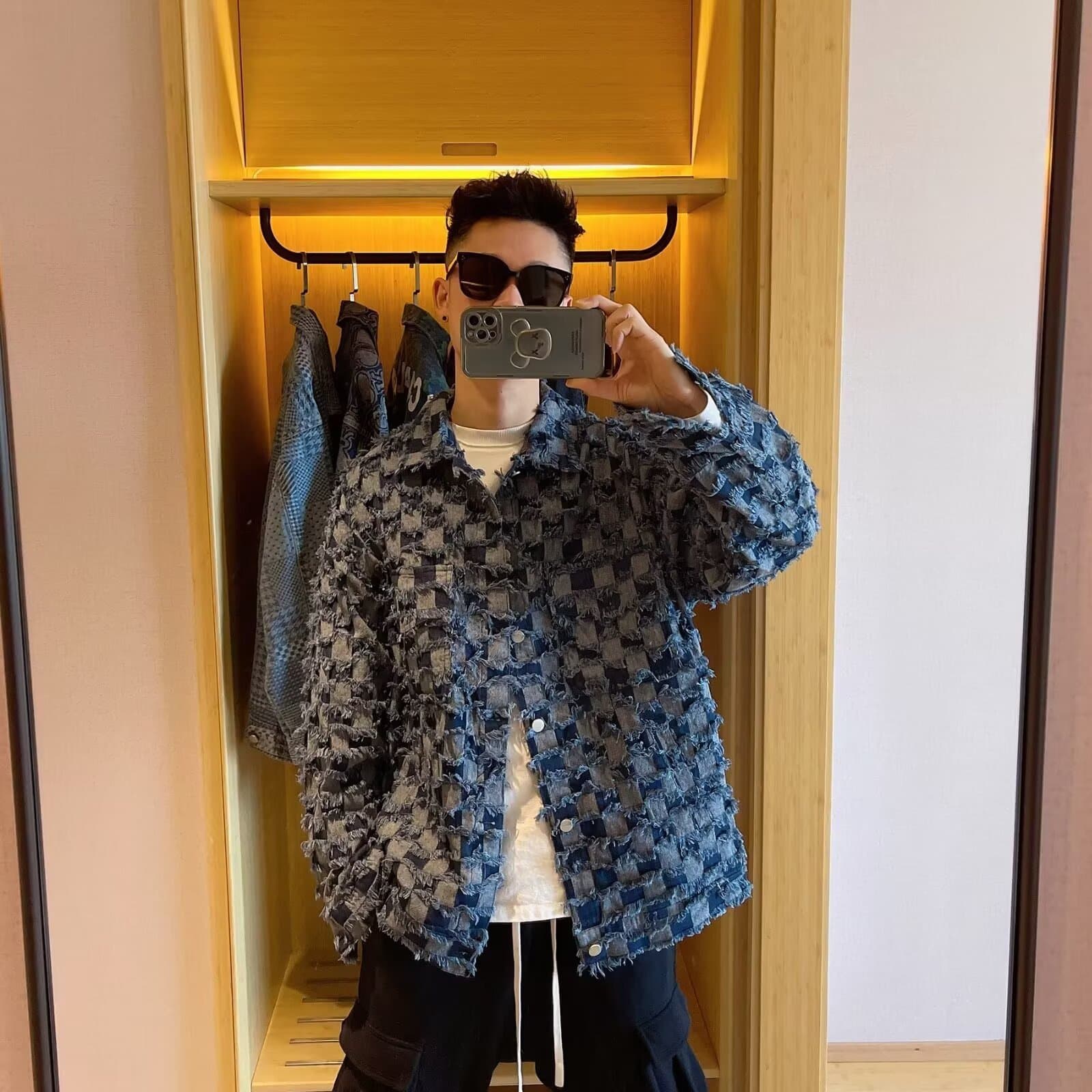 American Retro Checkered Denim Jacket Unisex Streetwear Loose Casual Cool Long Sleeve Frayed Edge Coat
