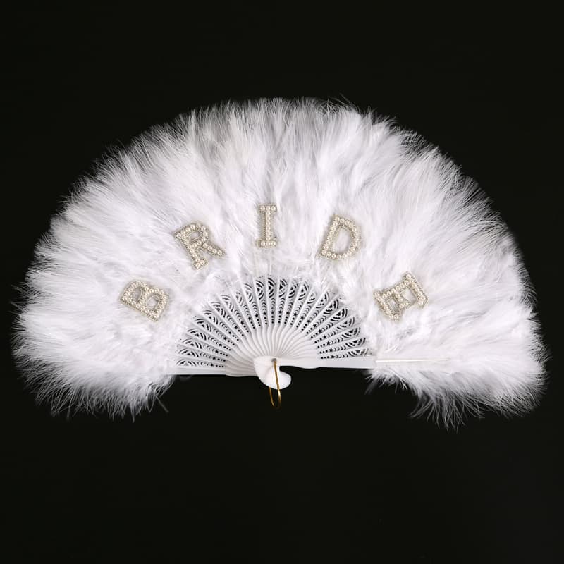 Bride Pearl Alphabet Bride White Feather Folding Fan Bachelorette Party Wedding Decoration Gift