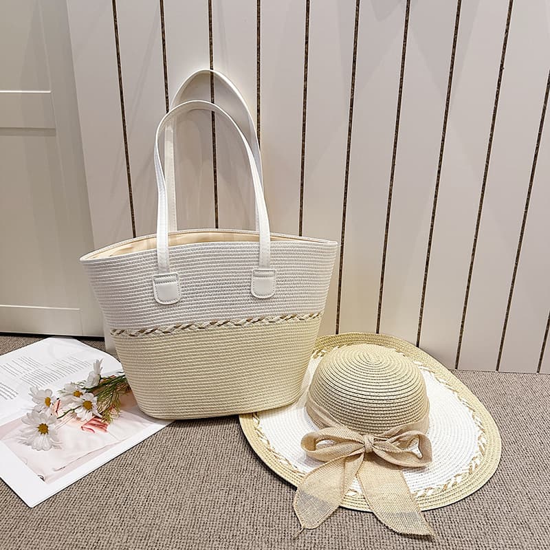 One-shoulder straw bag, hat, women's bag, large-capacity woven tote bag, portable French sand straw bag, seaside vacation