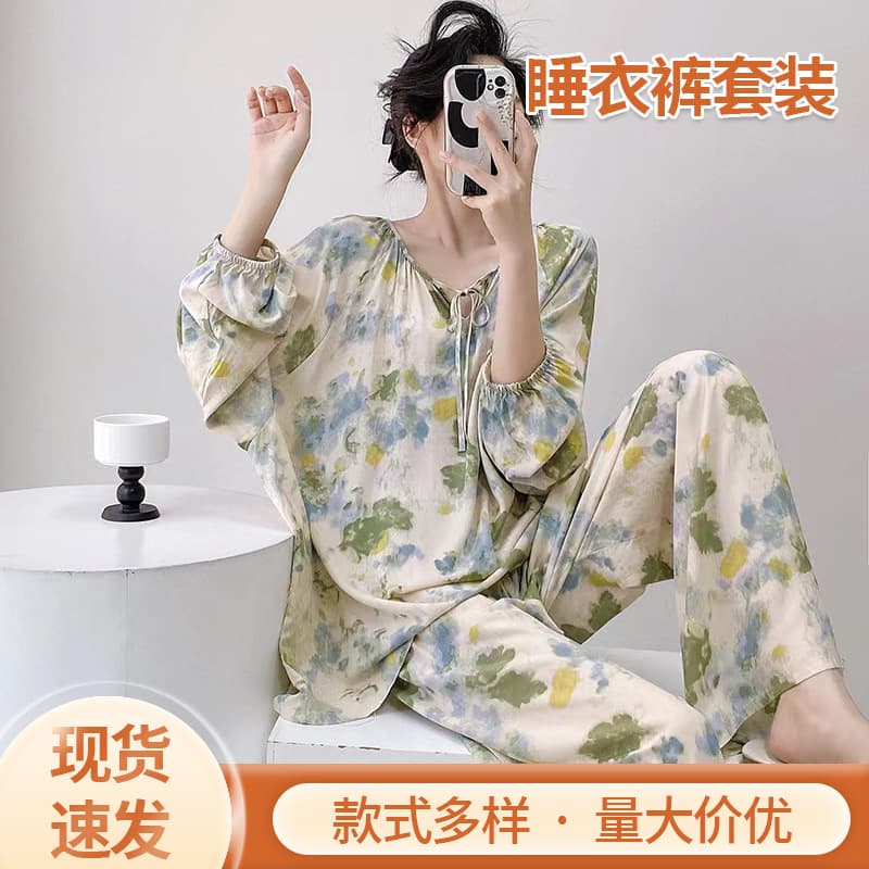 Three-Quarter Sleeve Loungewear Set, Spring and Autumn Cotton Silk Thin Loose Plus Size Sweet, Wearable Outside Cotton Silk Pajamas for Women Summer