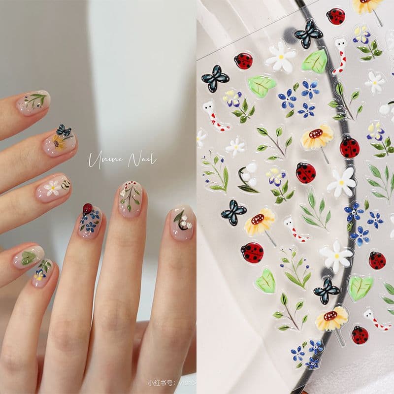 Sky Little Red Book’s popular fingertip flower nail art stickers seven-star ladybug small forest three-dimensional jelly nails