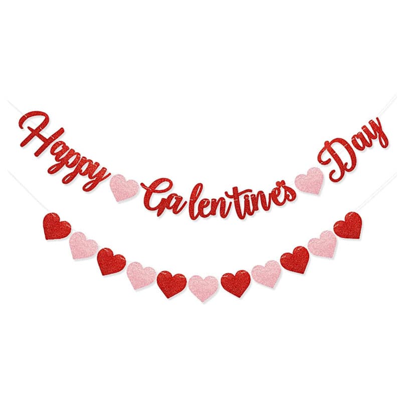 Red Pink Valentine's Day Shimmering Heart Garland Banner Glitter Paper Party Decoration Banner