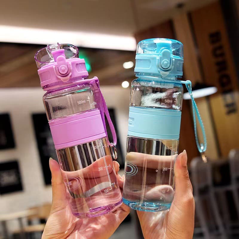 Simple Sports Water Bottle, Outdoor Portable Shatterproof Heat-Resistant with Scale and Filter Net, Space Cup Student Flip Lid Plastic Cup
