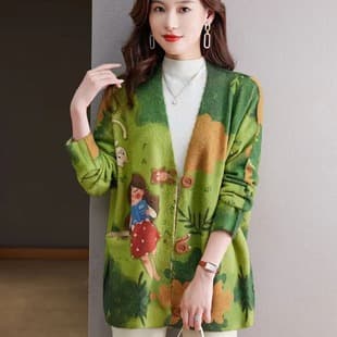 Mink Fur Sweater 2025 Fall Winter New Arrival Korean Style Fashion Yellow Print Knit Cardigan V-Neck Top for Women Outerwear