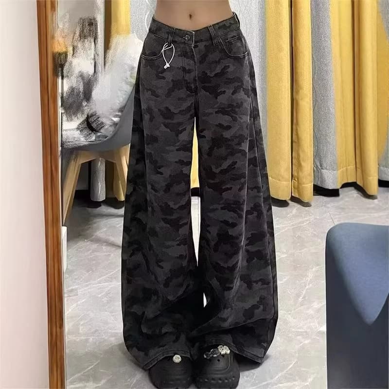 American high street workwear wide-leg camouflage jeans for women with drapey spring retro high-waisted loose slimming straight pants