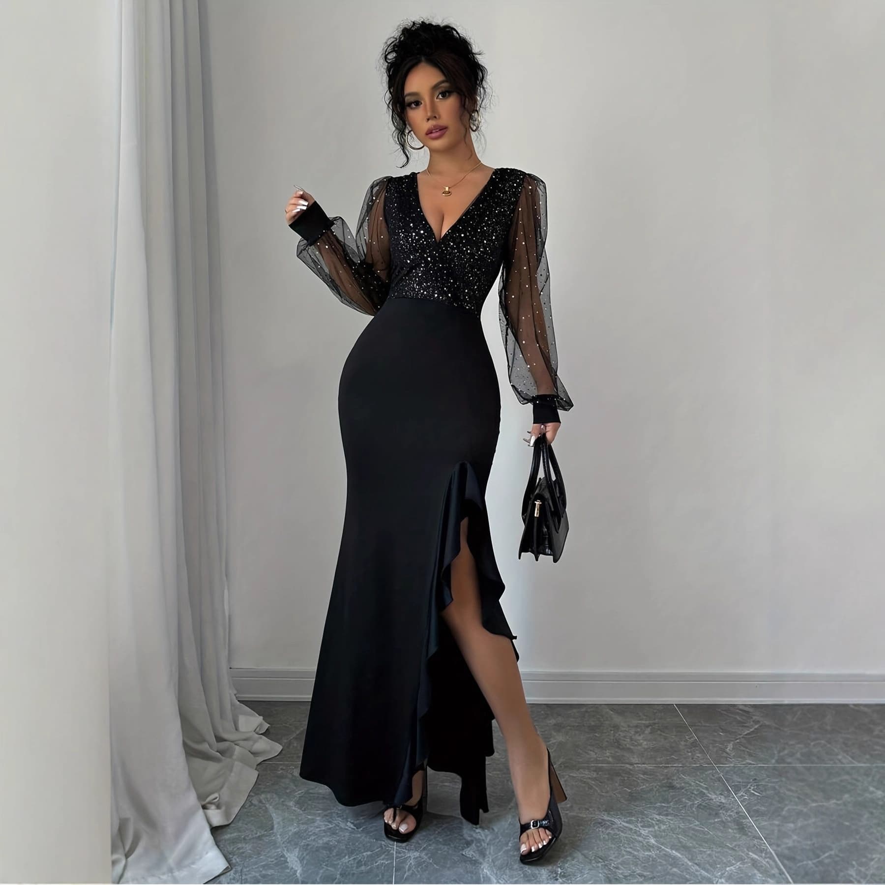 Black Sequin Deep V Mesh Puff Sleeve Fitted Fishtail Long Dress with Slit for Women Banquet Style Factory Direct Stock New