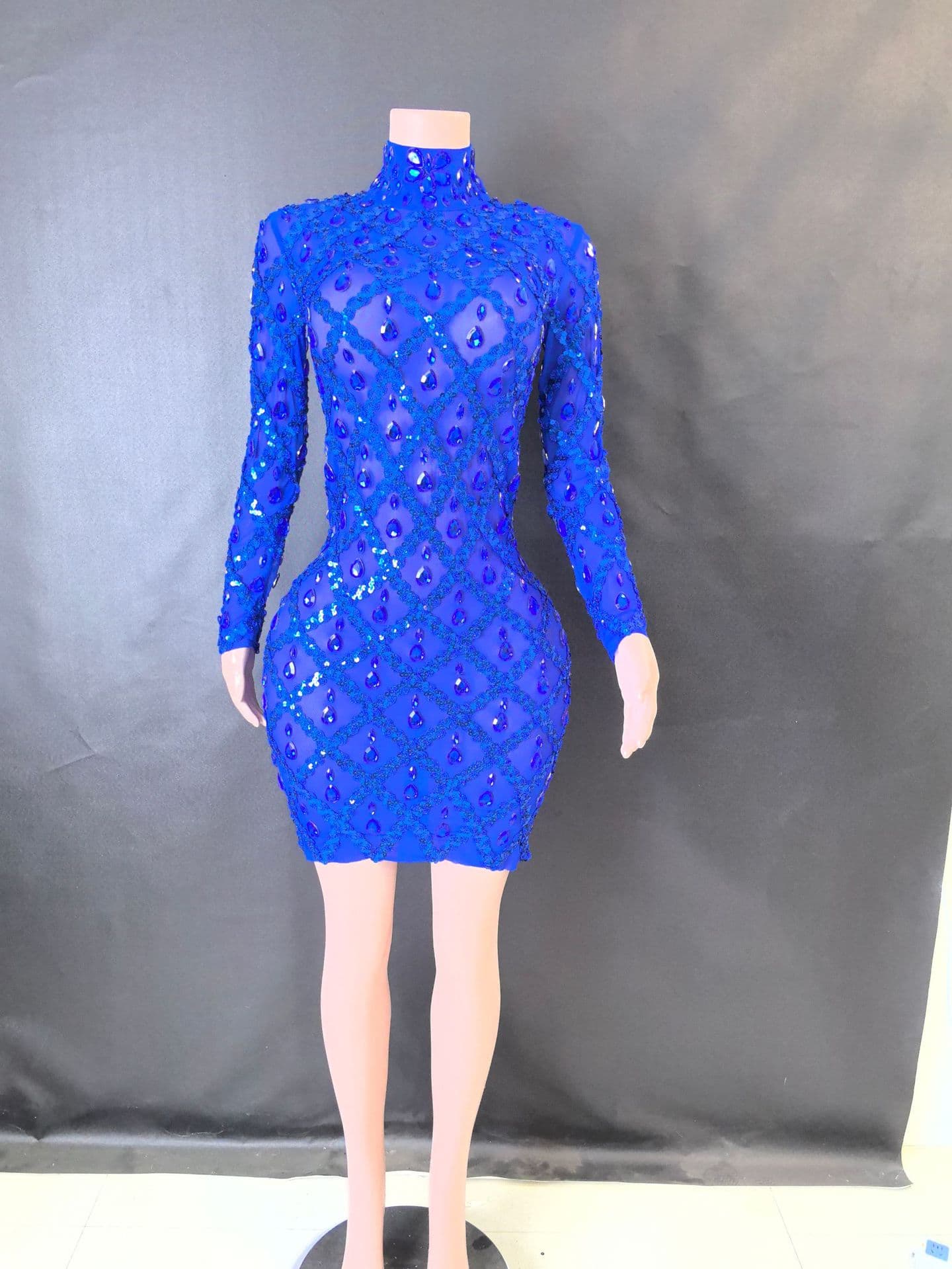 European and American Stock Shiny Rhinestone High Neck Sleeveless Sexy Mesh See-Through Plaid Evening Party Dress with Cutouts