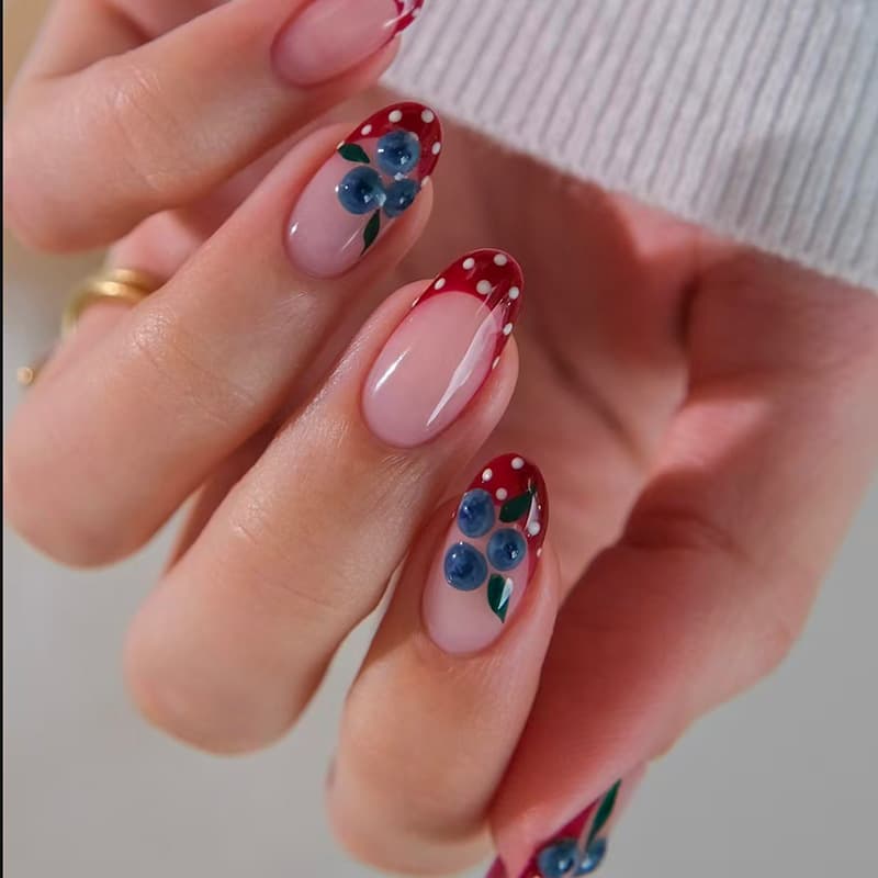 24-Piece Almond Cross-Border Europe and America Hot-Selling 3D Blueberry Handmade Press-On Nails French Style False Nail Tips Wholesale
