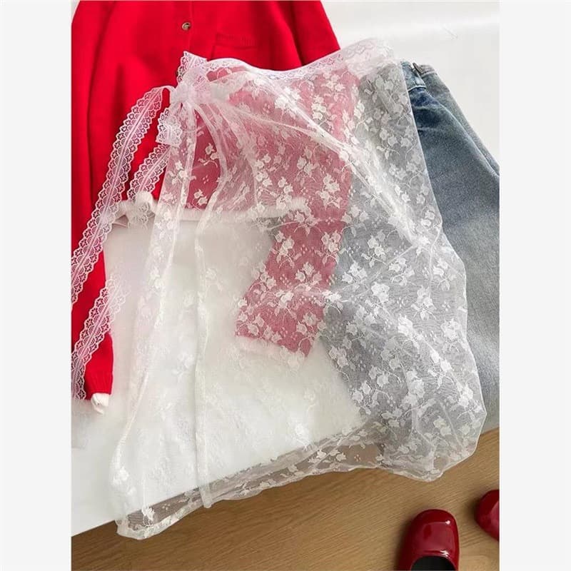 Korean Style Ins Blogger Same Lace Layered Chiffon Skirt Niche Design Tie Waist Spicy Girl Matching Apron Half Skirt Women