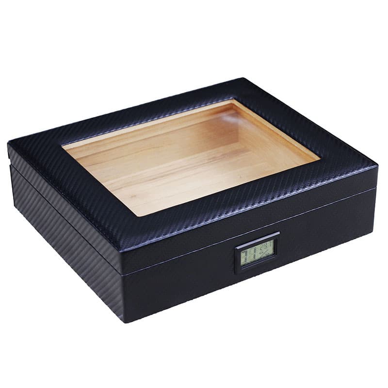 LUXFO portable cigar box with transparent window, made of cedar wood with a vintage striped leather cover, display case.