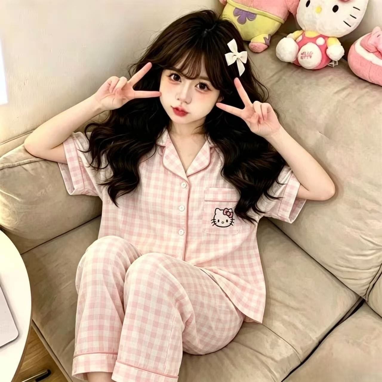 Girls' Summer Pajamas Kids Cloud Cotton Short Sleeve Long Pants Sweet Cartoon Homewear Set for Toddlers and Older Kids