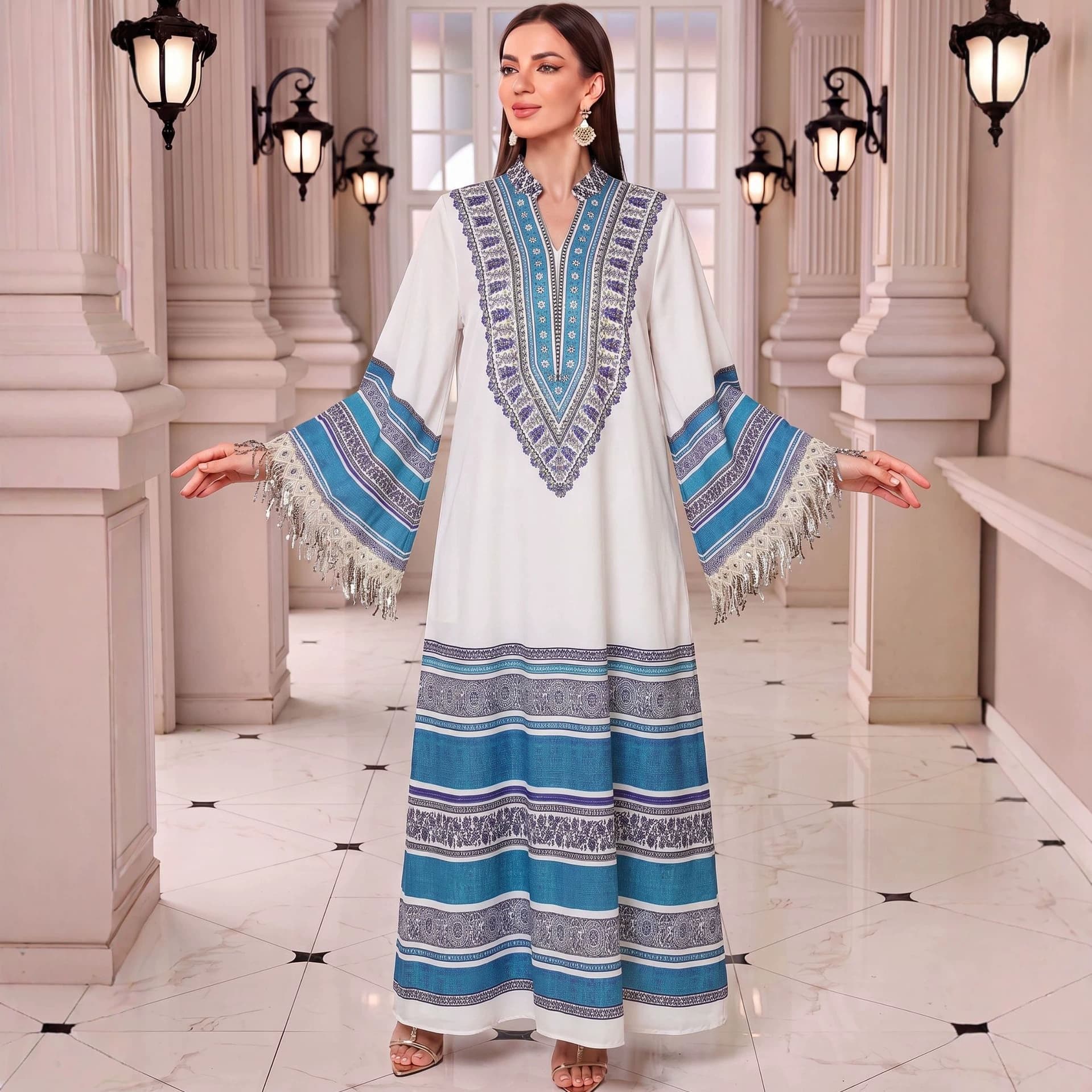 Cross-border foreign trade new white and blue ethnic stripe print off-white tassel trumpet sleeve women's dress
