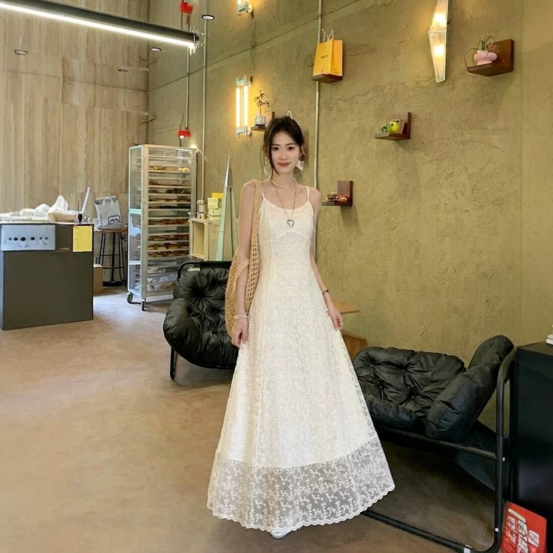 French romantic style lace suspender dress for women 2026 summer new apricot color resort style waist slimming long skirt
