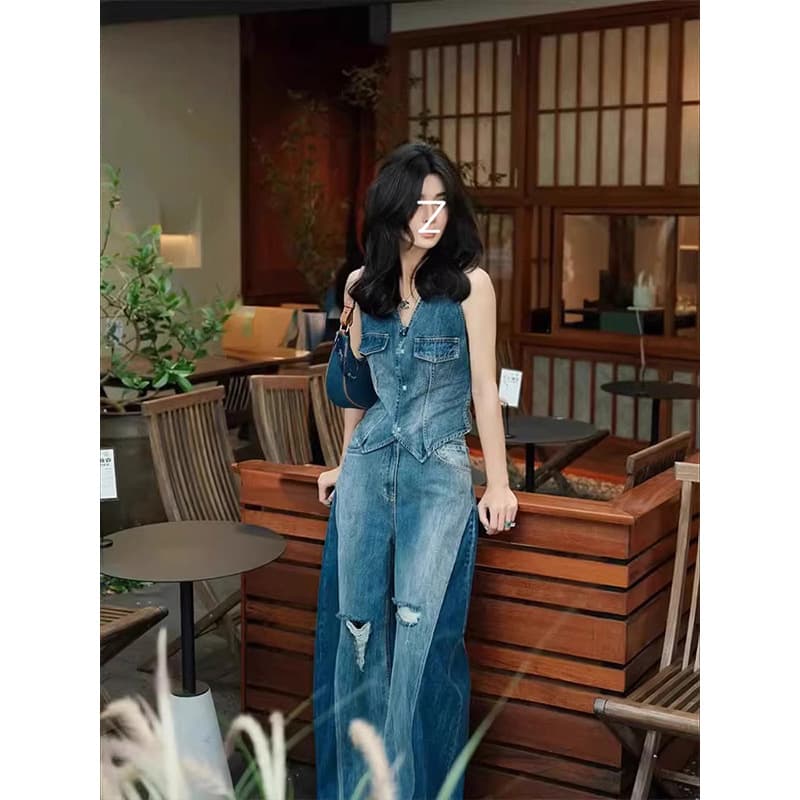 High-Street Design Denim Vest for Women Paired with Wide-Leg Pants Two-Piece Set Summer Thin Style Slimming Outfit Set