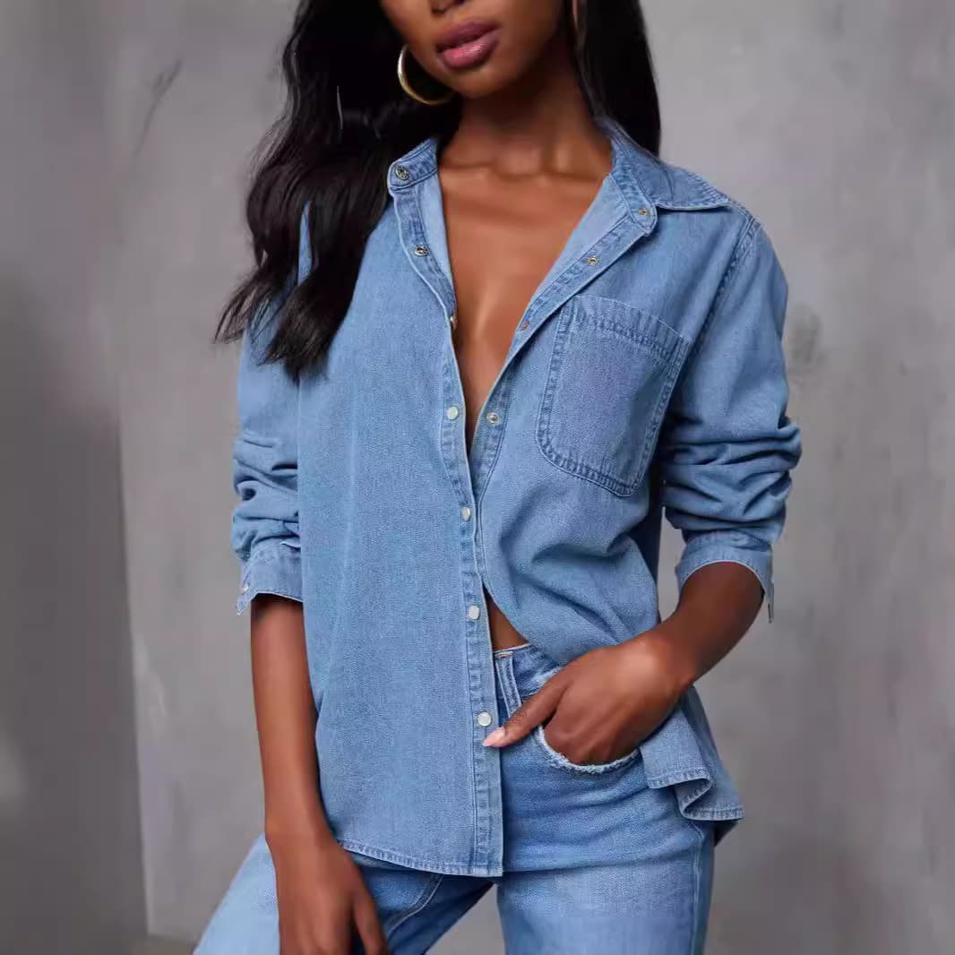 Denim shirt women's 24 years European and American cross-border autumn fashion casual versatile pocket loose long-sleeved top