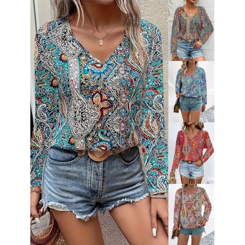 Cross-border 2025 European and American new hot-selling women's boho shirts paisley printed V-neck long-sleeved shirts for women