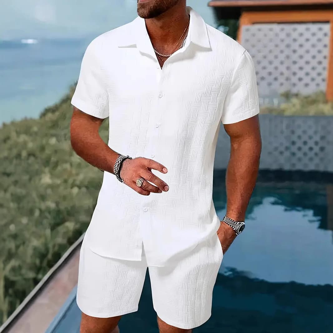 European and American Men's Summer Jacquard Solid Color Set Short Sleeve Shirt Vacation Casual Shorts Two-Piece Trendy Style