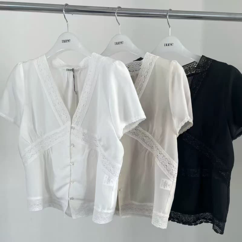 Nuese Korean Dongdaemun Style 26 Summer French Lace Blouse Chiffon Top with Lace Trim Design Sense Niche