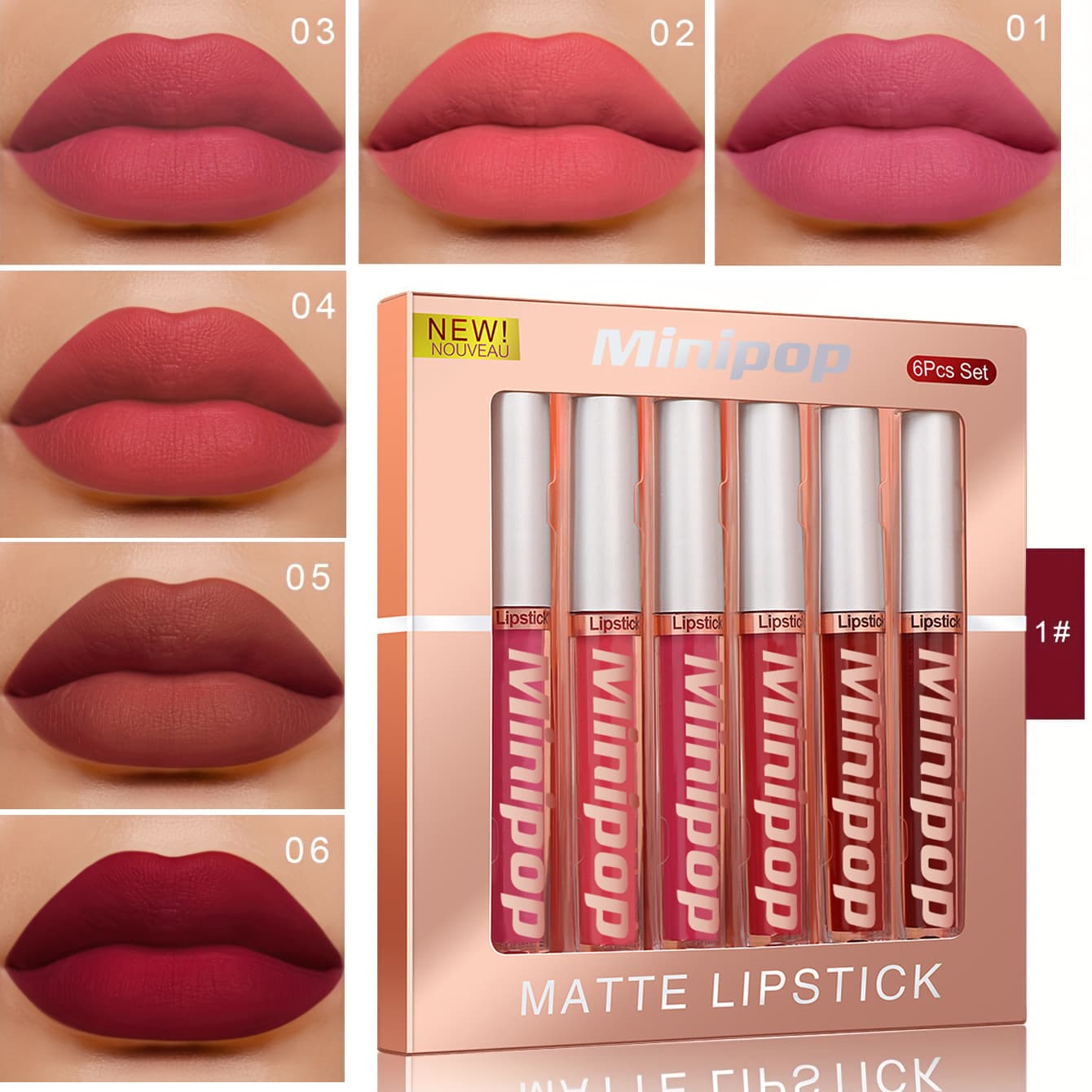 Cross-border exclusive MINIPOP 6-pack lip gloss lip glaze non-stick cup lipstick matte waterproof long-lasting lip gloss
