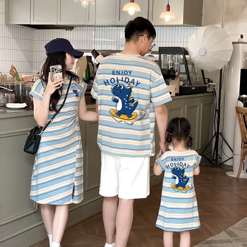 Trendy Family Matching Summer Outfits for Three: Korean Style Mother-Child Dress, Short Sleeve T-Shirt, Baby Full Family Set
