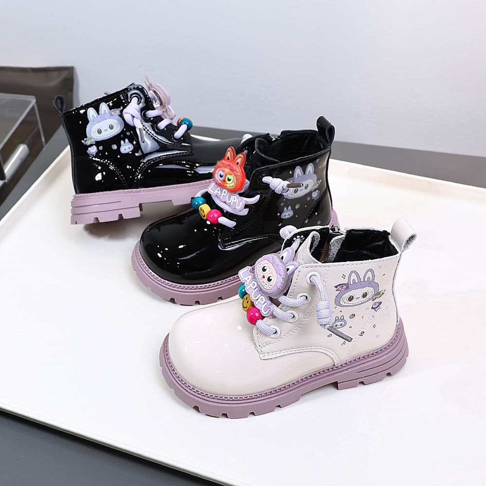 2025 Winter New Light Fleece Children's Shoes Baby Girl Leather Boots Children's Ankle Boots Mid-Calf Martin Boots 5048