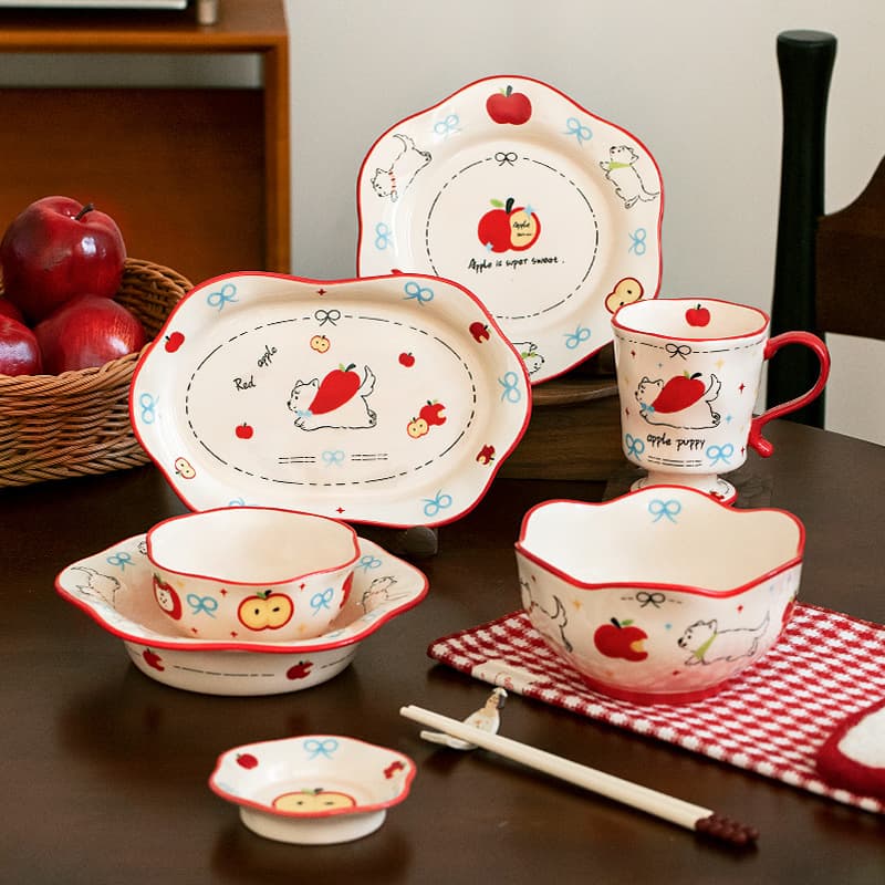 Chaobai Original Apple Puppy Cute Retro Ceramic Plate and Bowl Gift Set New Year Tableware Retro Home