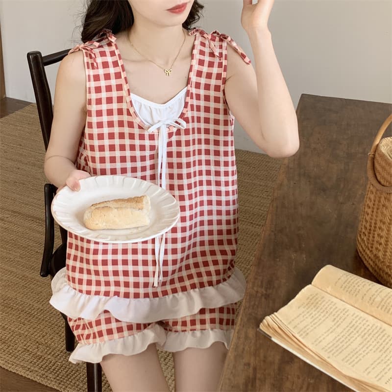 2025 Summer New Cross-border Hit Cloud Cotton Plaid Casual Vest Set Pajamas Women's Loungewear
