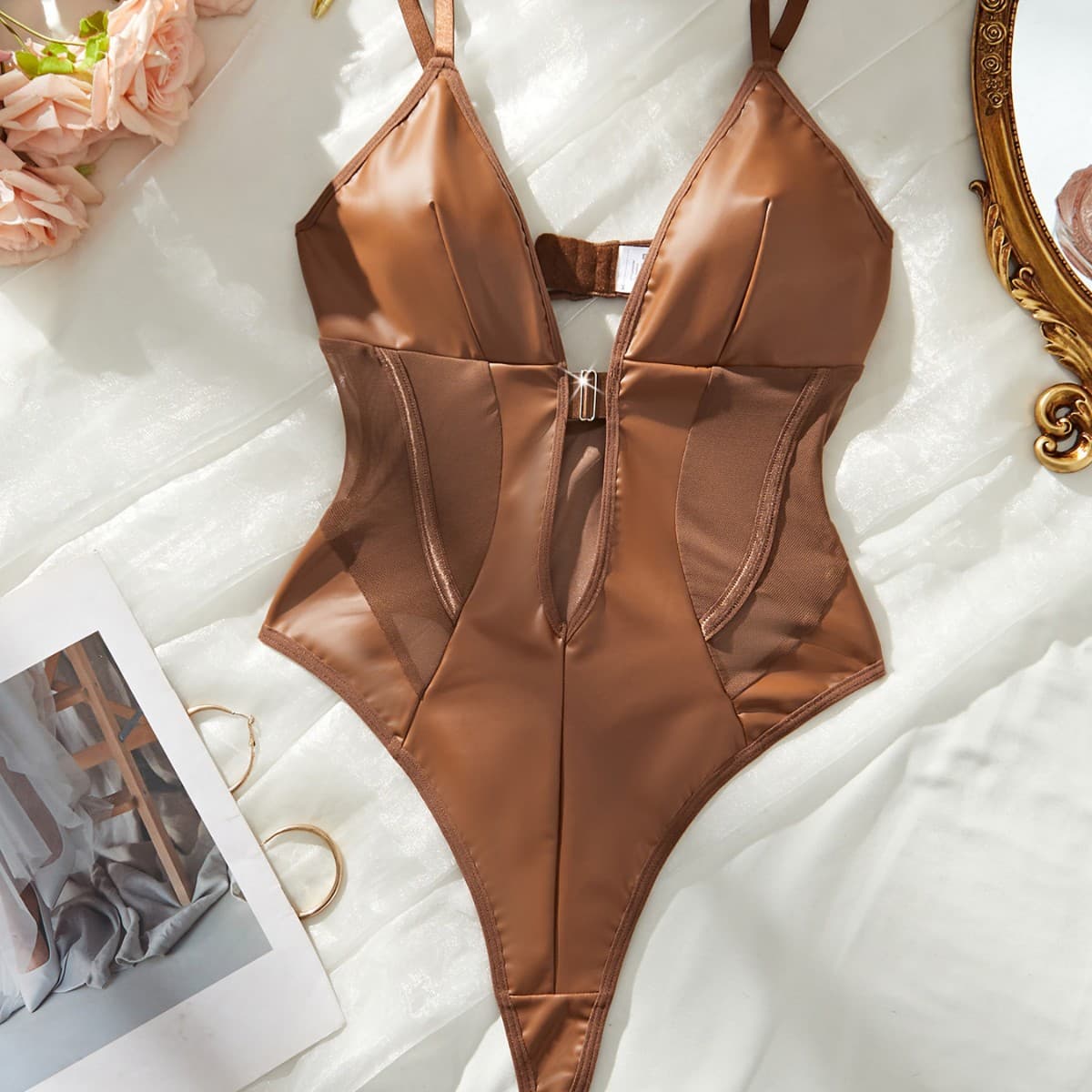 Sexy High-Waist Wireless T-Shaped Cross Strap One-Piece Swimsuit for Women Pure Color European And American Trending Underwear
