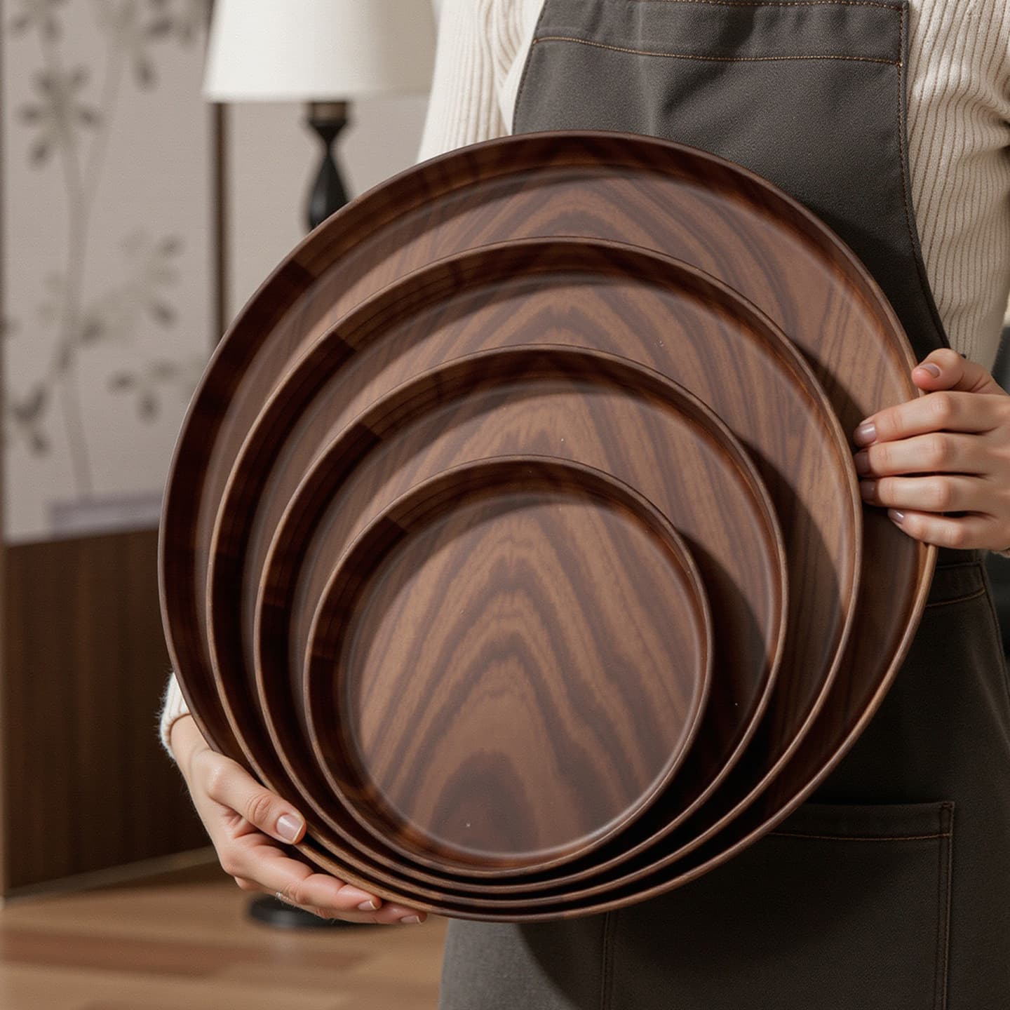 Round Imitation Wood Grain Tray, Food-Grade Dining Tray, Home Restaurant Tea Tray, Cafe Cake and Dessert Display Tray