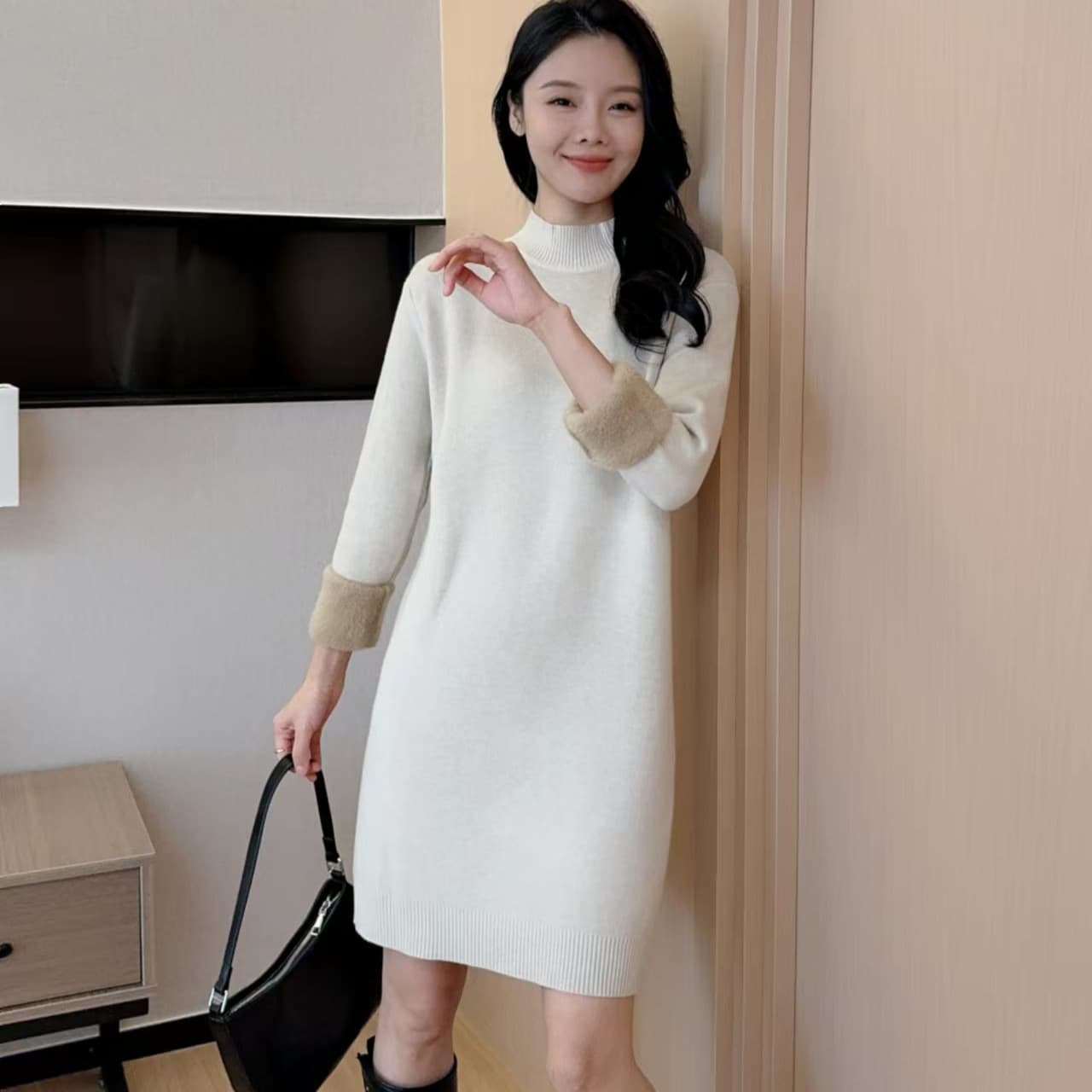 Thick velvet all-in-one autumn and winter warm sweater sweater for women half turtleneck long sleeve mid-collar mid-length dress
