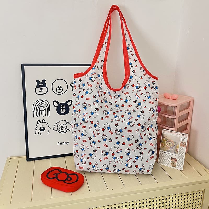 New Cross-Border Cloth Bag Women's Large Capacity Bow KT Cat Cute Print Shoulder Bag Tote Bag Shopping Bag Wholesale