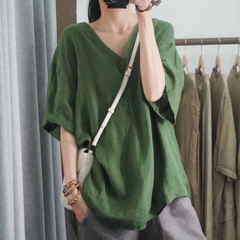 New Summer Short Sleeve Casual Loose Fit V-Neck T-Shirt, Comfortable and Flattering, Solid Color, Women's Fashion
