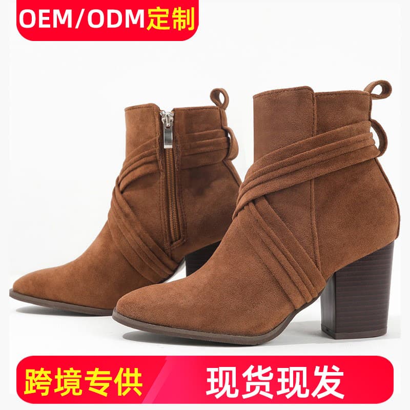 Women's Martin Boots Autumn/winter Season Short Heel Thick Heel Square Toe Plush Lined Bare Boots Cross-border E-commerce Shoes