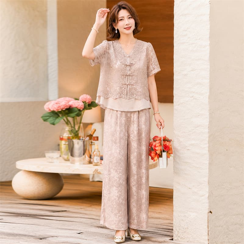 Light Chinese-style high-end short-sleeve set for women, summer casual embroidered loose short-sleeve outfit for middle-aged women