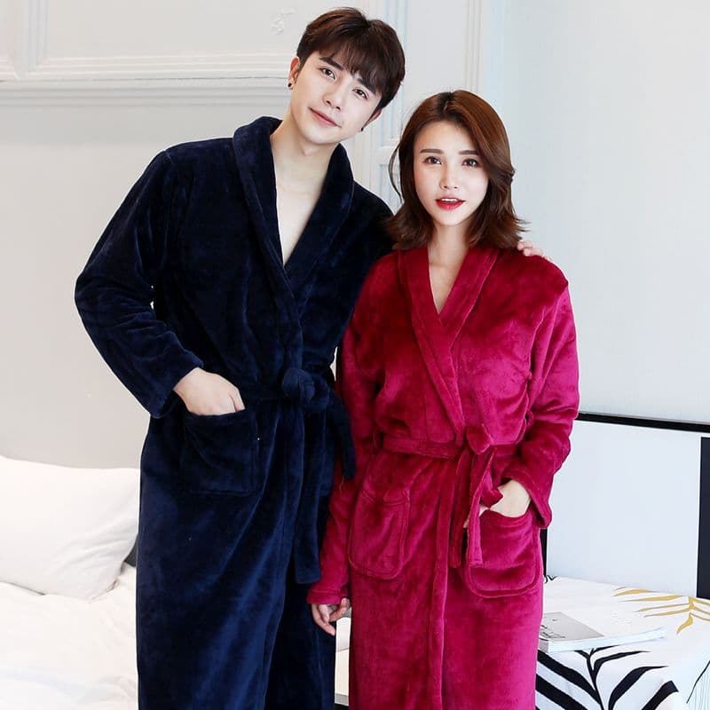 Thick Flannel Couples Bathrobe for Fall and Winter Coral Fleece Homewear Sleepwear Long Sleeve Unisex Robe