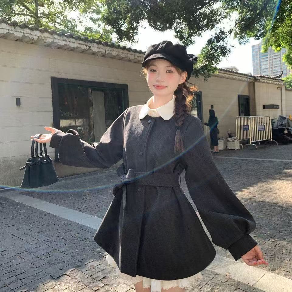 Korean Style Fashion Puff Sleeve Round Neck Trench Coat Wool Coat Women's Winter Feel Elegant Waist-tied Belted Mid-length Coat