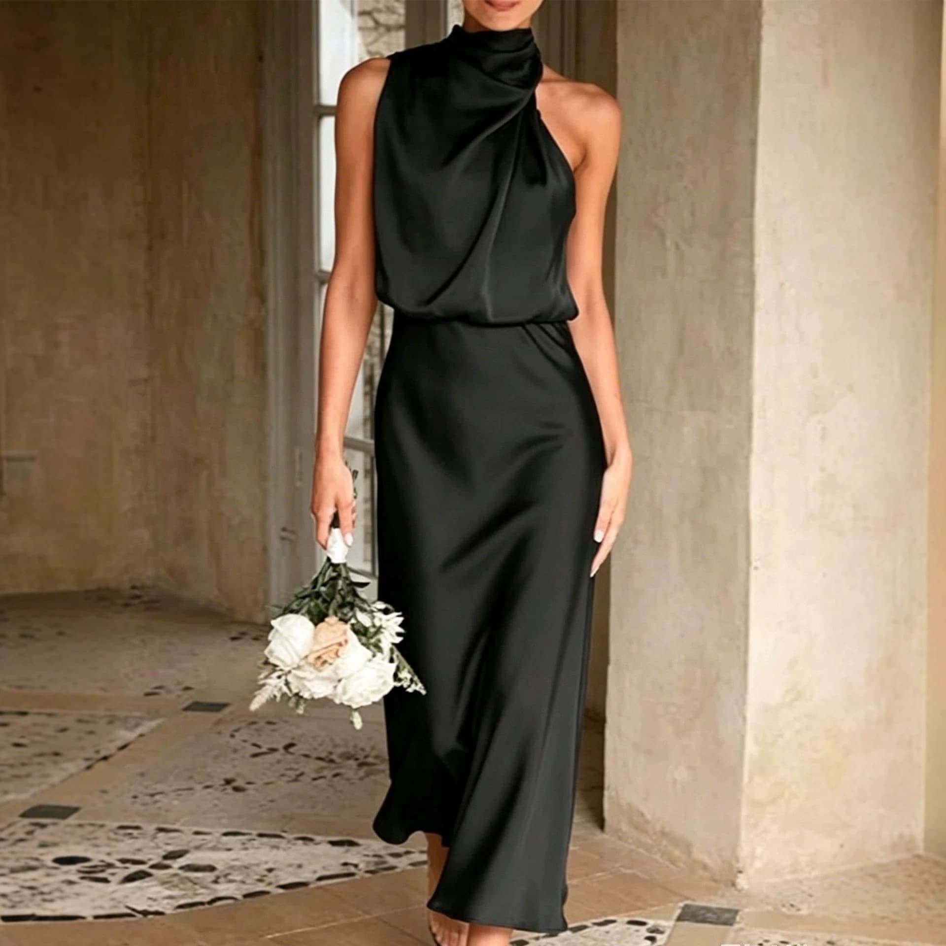 Amazon Cross-Border Elegant Long Dress Gown One-Shoulder Draped Neck Slim Fit Set Women's Summer New In Stock