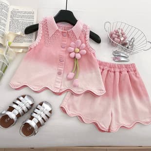 Girls Summer Princess Style Denim Set 2026 New Lace Fashion Sleeveless Denim Top Shorts Two-Piece Set