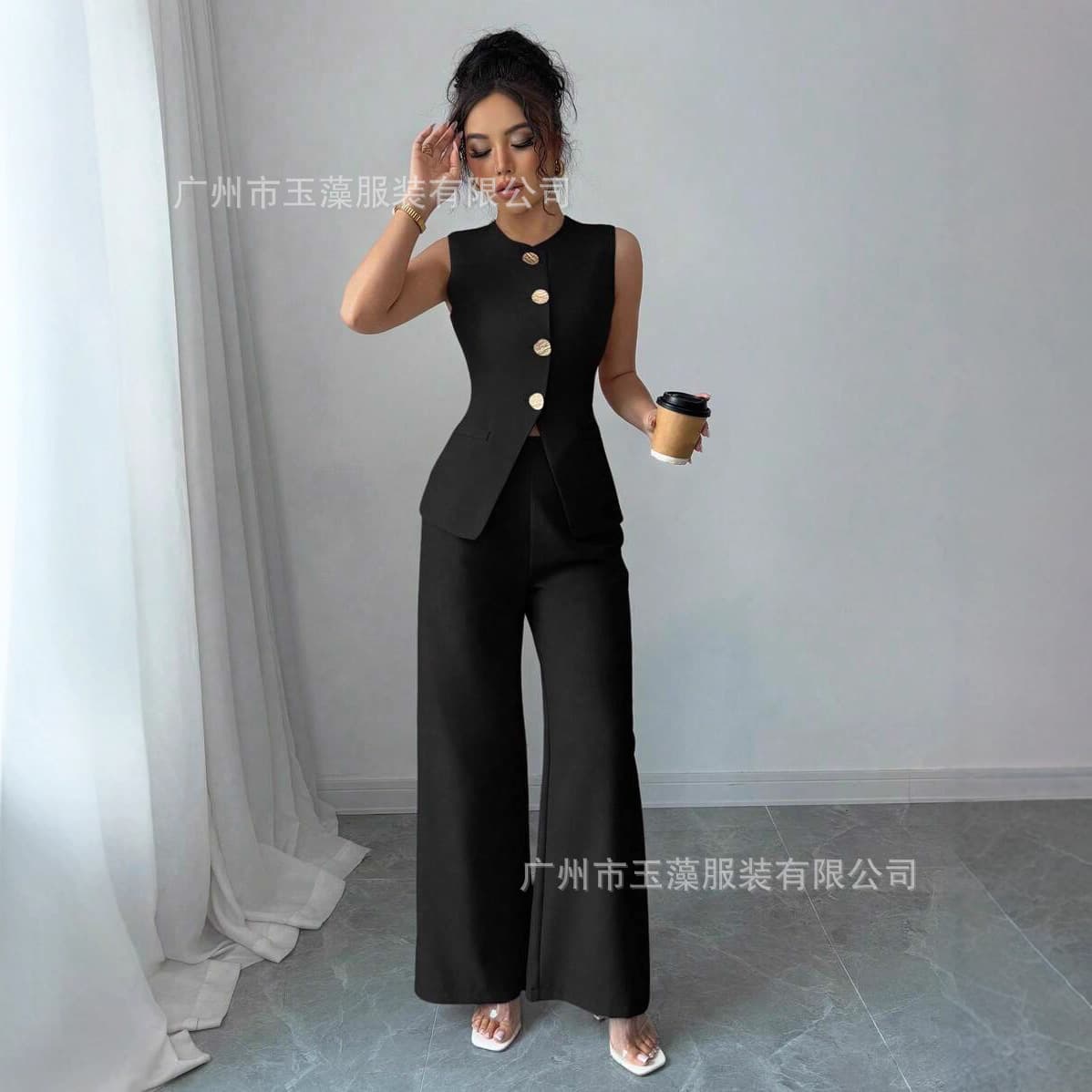 Cross-border Hot Selling Woven Solid Color Top and Pants Two-Piece Set