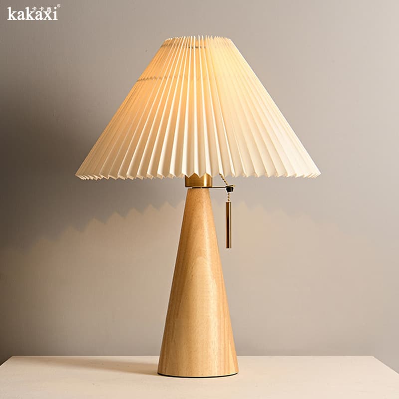 Wabi-sabi Style Japanese Homestay Solid Wood Table Lamp with Pleated Fabric E27 Bulb Holder for Living Room and Bedroom
