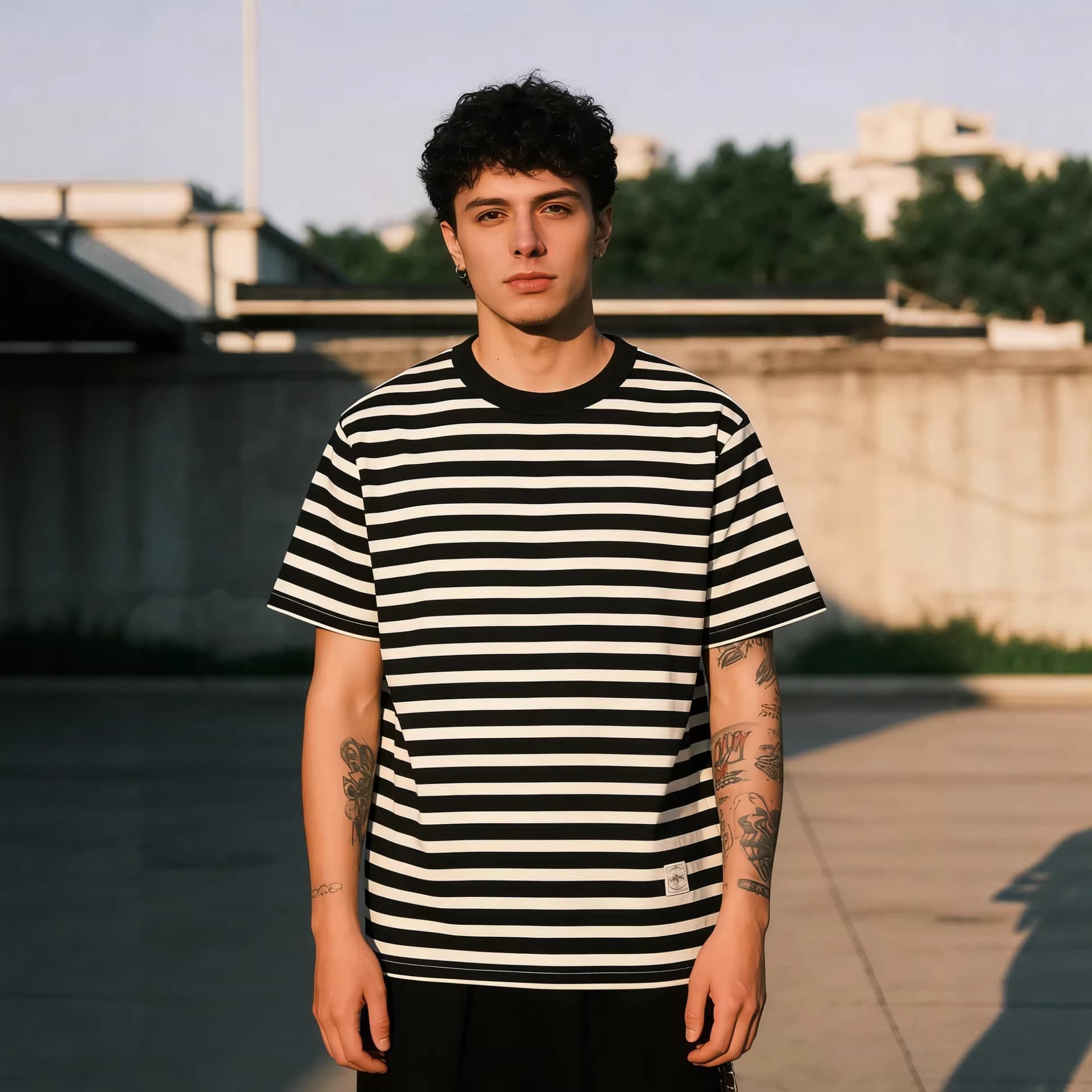 OKONKWO Vintage Striped Round Neck T-Shirt 230g Thick Style Heavy Duty Sea Creature Shirt Short Sleeves Crew Neck Tops