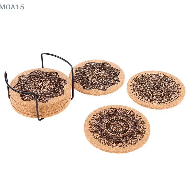 12x Mandala Round Wooden Coaster with Rack Set Cork Coasters