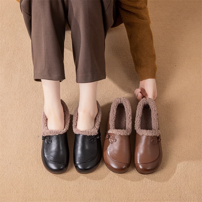 Autumn and Winter Middle-aged and Elderly Plush Loafers Rubber Soft Sole Flat Heel Elderly Shoes Thick Genuine Leather Warm Mom Shoes Fur-lined Shoes