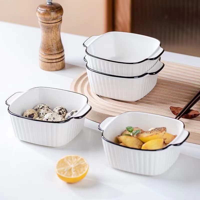 Underglaze Color Japanese-style Vertical Pattern Bowl Pure White Ceramic Bowl Home Baked Rice Bowl Binaural Soup Bowl Baking Plate Instant Noodle Bowl Rice Bowl