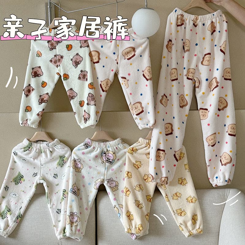 Autumn/Winter Parent-Child Sleep Pants, Fleece-Lined Warm Long Pants, Cartoon Boys' and Girls' Thick Flannel Home Pants for Outdoor Strolls